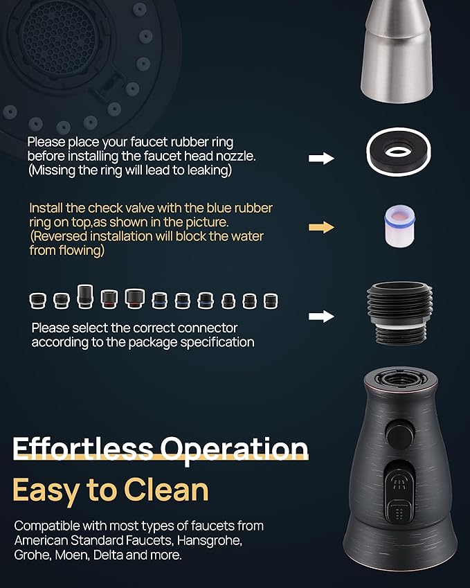 J-HVA Oil Rubbed Bronze Pull Down Kitchen Faucet Head Replacement with 15 Adapters - Kitchen Sink Faucet Spray Nozzle Head Replacement 3-Function Tap Sprayer Head for Kitchen Sink