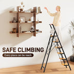 GameGem 6 Step Ladder, Aluminum Folding Step Stool with Anti-Slip Sturdy and Wide Pedal, Portable Lightweight Step Ladder with Handgrip for Indoor Outdoor Use, 330 lbs Capacity, Black Woodgrain