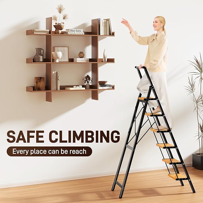 GameGem 6 Step Ladder, Aluminum Folding Step Stool with Anti-Slip Sturdy and Wide Pedal, Portable Lightweight Step Ladder with Handgrip for Indoor Outdoor Use, 330 lbs Capacity, Black Woodgrain