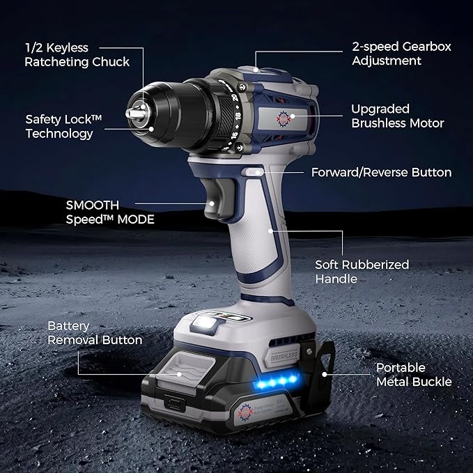 20V Cordless Drill, Power tool, 620 in-lbs Torque, 3/8" Metal Keyless Chuck with Safety Lock, 20+1 Position Electric Drill Driver with LED, Brushless Power Drill with 2.0Ah Battery and Charger