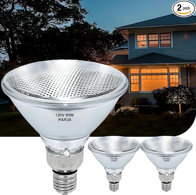 PAR38 Halogen Flood Light Bulbs 2 Pcs, 90W Equivalent, 120V, E26 Base, 2700K Warm White Light for Indoor and Outdoor