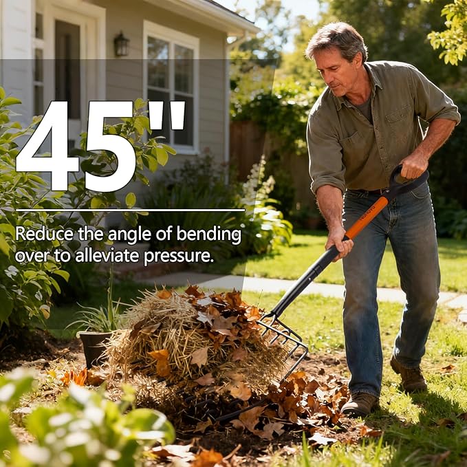 Pitchfork for Gardening, 10 Tines Pitch Fork with Non-Slip Handle, Heavy Duty Pitch Fork for Mulching, 45 Inches