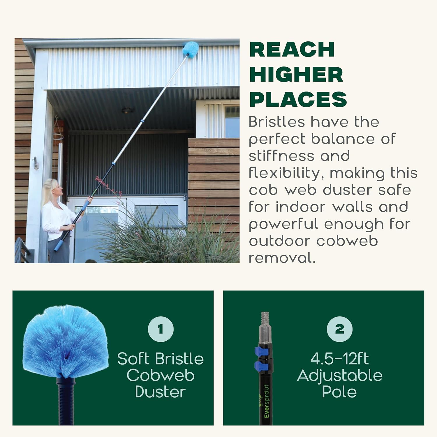 EVERSPROUT 5-to-12 Foot Cobweb Duster and Extension-Pole Combo (20 Foot Reach, Soft Bristles) | Hand Packaged | Lightweight, 3-Stage Aluminum Pole | Indoor & Outdoor Use Brush Attachment