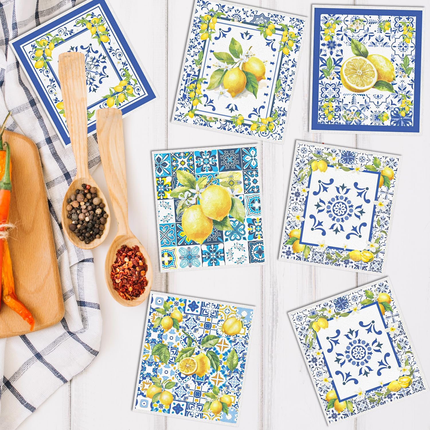 Blue Tiles Lemons Swedish Dishcloths, 6 Pack Reusable Swedish Dish Cloths for Kitchen, Washable Absorbent Dish Towel Rag Set Cellulose Sponge Cloths Housewarming Gifts