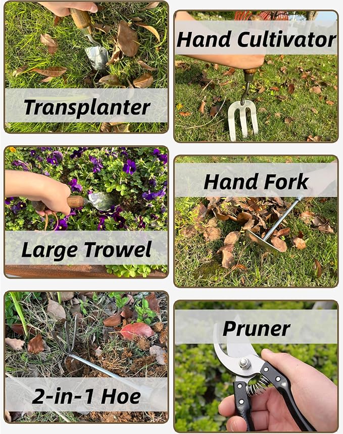 Garden Tool Set, 6PCS Heavy Duty Stainless Steel Gardening Hand Tools with Ropes, Includes Trowel, Transplanter, 2-in-1 Hoe, Pruner & More, Ideal Gardening Gift for Man and Woman (Standard Packaging)