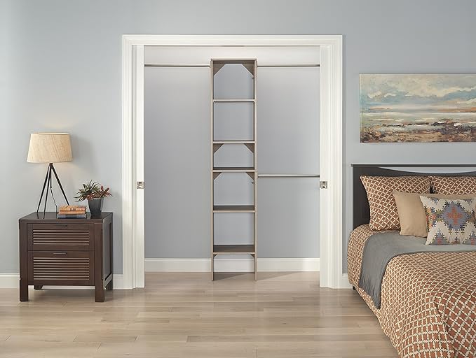 ClosetMaid SuiteSymphony Wood Closet Organizer Starter Kit with Tower and 3 Hang Rods Shelves, Adjustable, Fits Spaces 4 – 9 ft. Wide, Natural Gray, 16"
