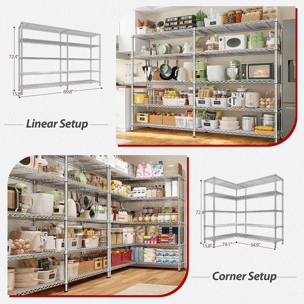 REIBII 69.8" W Storage Shelves 1510LBS Wire Shelving Unit 5 Tier Metal Shelving for Storage Rack Shelves Adjustable Heavy Duty Garage Shelf Pantry Shelves Kitchen Shelving,69.8"Wx15.8"Dx72.4"H,Chrome