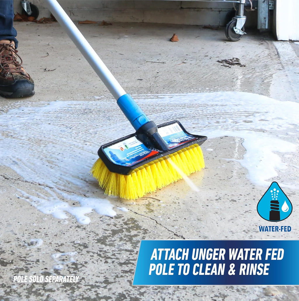 Unger Professional Hydropower Lock-On 10” Bi-Level Scrub Brush, Cleaning Supplies, Scrubber Tool, Compatible with Waterflow Poles, Use in Garage, Driveway, Deck, Concrete, Cement, & Brick(Pack of 12)