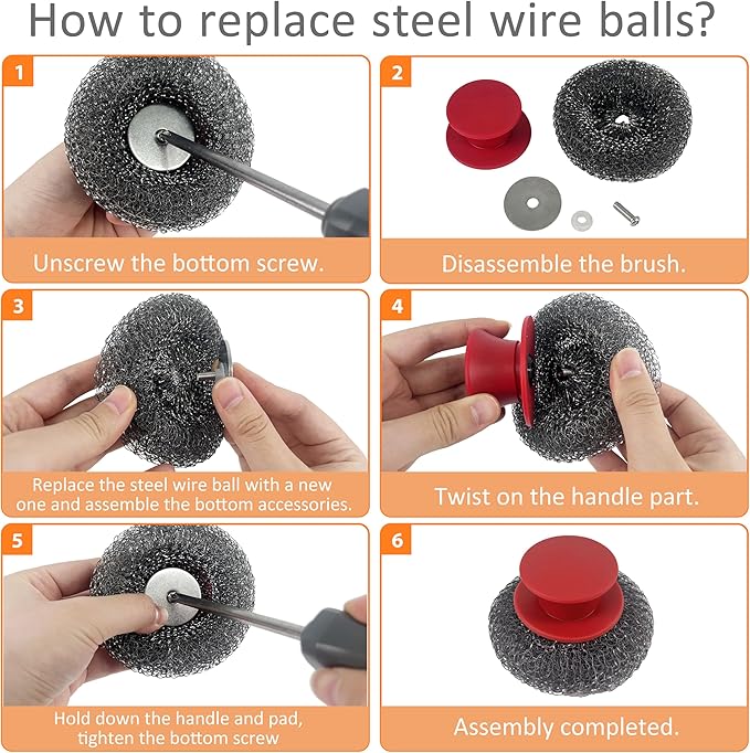 2Pack Stainless Steel Wool Scrubber with Rubber Handle & 2 Pads for Cleaning Dishes, Kitchen Pots, Pans, Grills (Red+Black)