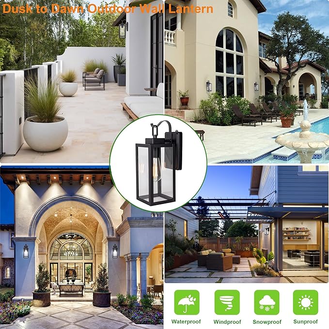 LIT-PaTH Dusk to Dawn Outdoor Wall Lantern, Wall Sconce as Porch Lighting Fixture, E26 Medium Base Max 60W, Anti-Rust Metal with Glass Shade, Black, 1-Pack
