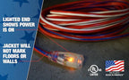 Southwire Heavy Duty Extension Cord, 50Ft, 12 Gauge, 3 Conductor, Outdoor Cord, Lighted End, SJTW, Red/White/Blue, 2548SWUSA1