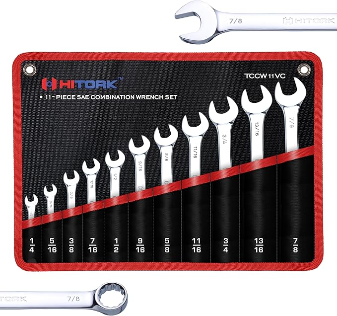 Hitork 11 Piece Combination Wrench Set with Roll Pouch, SAE Sizes (1/4" - 7/8"), Drop Forged Cr-V Steel, Chrome Plated Mirror Finish, 12 Point Box End, 15° Offset, Exceeds ANSI Standards