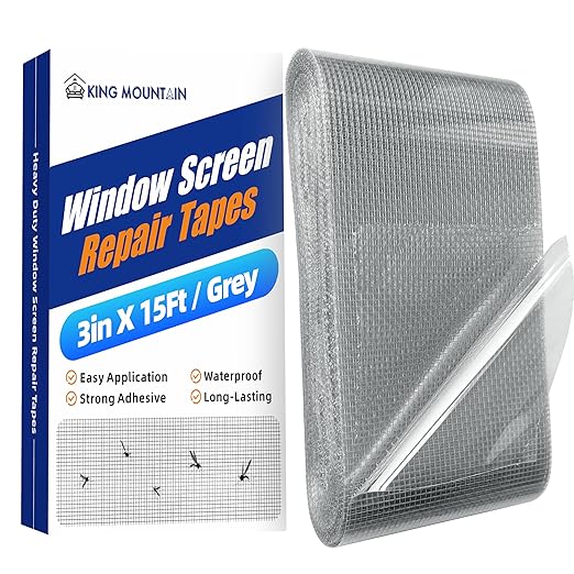 KING MOUNTAIN Grey Window Screen Repair Tape,3inX15FT Heavy Duty Screen Repair Kit for Window Screen and Screen Door Tears Holes,Strong Adhesive & Waterproof Window Screen Patch, Weather Resistant