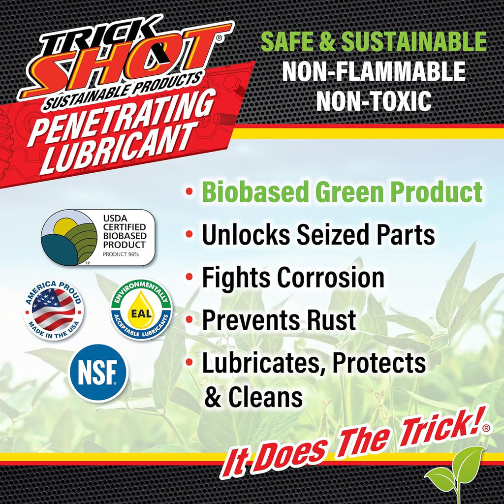 Non-Toxic Penetrating Oil | Eco-Friendly, Non-Flammable, Food Grade & Biodegradable | Rust Inhibitor | 3-in-1 Lubricant, Penetrating Oil, and Degreaser by Trick Shot® USA Made | 16 oz. Spray Bottle