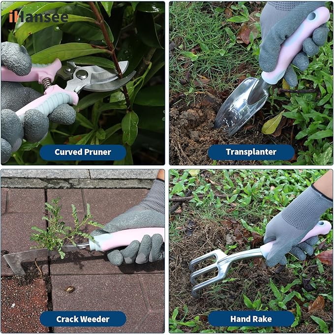 Pink Garden Tool Sets 12 Pieces, iHansee Aluminum Gardening Hand Tools with Non-Slip Handle, Kneeling Pad, Apron, Gloves and Organizer Bag, Landscaping Tools - Gift for Women & Garden Enthusiasts