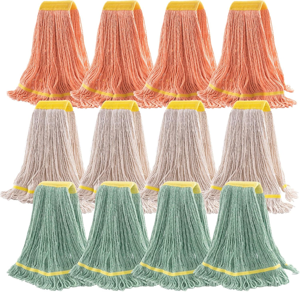 Matthew Cleaning 12Pcs 5'' Headband White&Orange&Green 24Oz Commercial String Mop Heads, Loop-End Mop Head Replacement, Heavy Duty Industrial Washable&Reusable Mop Refills for Residential& Warehouse