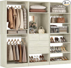 Unikito 75” Closet System with Drawers, 6.2FT Wood Closets Organizer with Hanging Rods and Mirror, Reversible Large Walk in Closet Wardrobe Garment Rack with Shoe Shelves, White Oak
