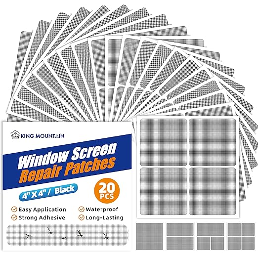 KING MOUNTAIN 20 Sheets Black Window Screen Repair Patches,4×4 in Window Screen Repair Kit for Window Screen and Screen Door Tears Holes, Strong Adhesive Screen Tape Mesh Repair,Quick & Waterproof