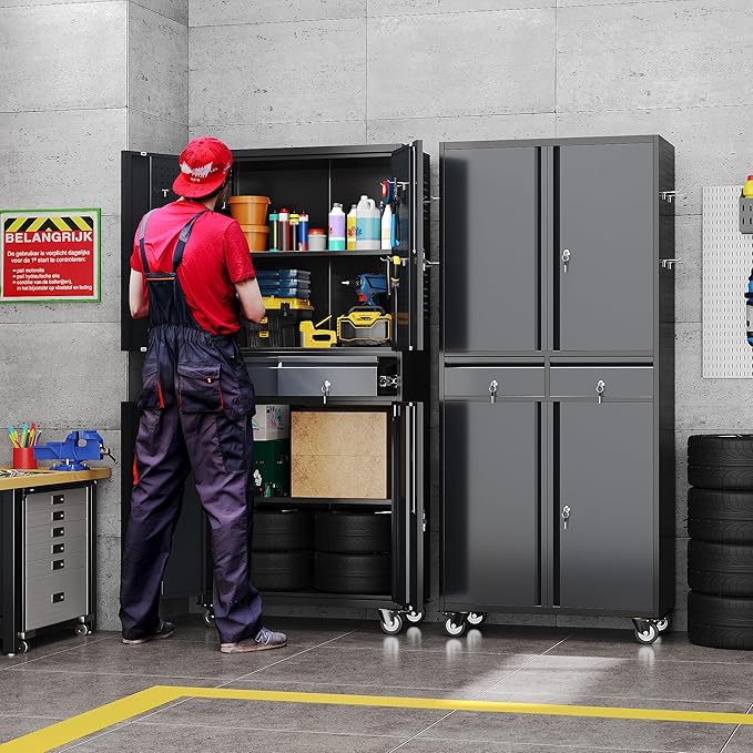 Metal Garage Storage Cabinet with 2 Drawers and 2 Adjustable Shelves, Rolling Tool Storage Cabinet with Wheels and Locking Doors for Garage, Warehouse, Black and Dark Gray