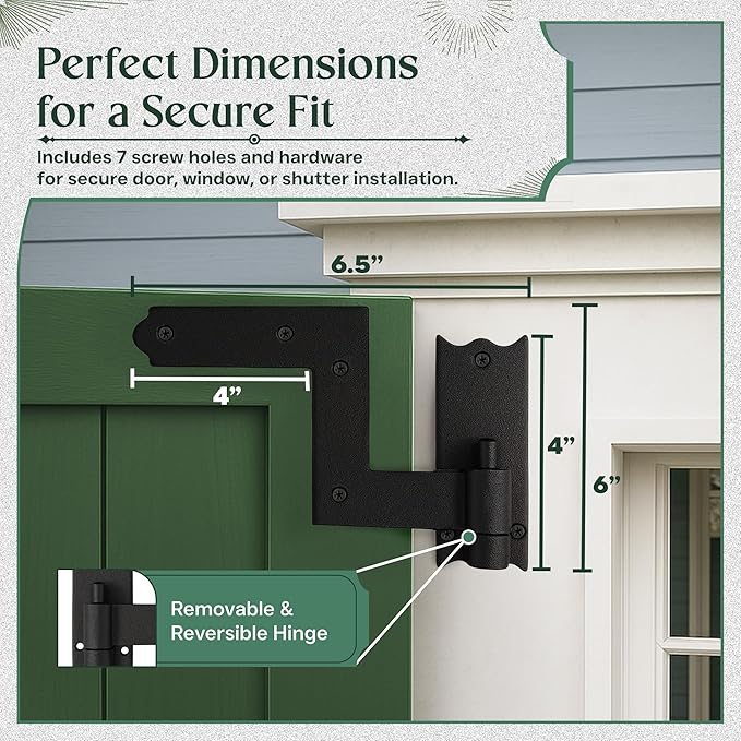 Renovators Supply Manufacturing - Heavy-Duty Black Wrought Iron Shutter Lift Off Pintle Hinges Colonial Pin Reversible for Doors, Window and Shutters with Hardware 6 1/2 Inches, Pack of 4 Pairs
