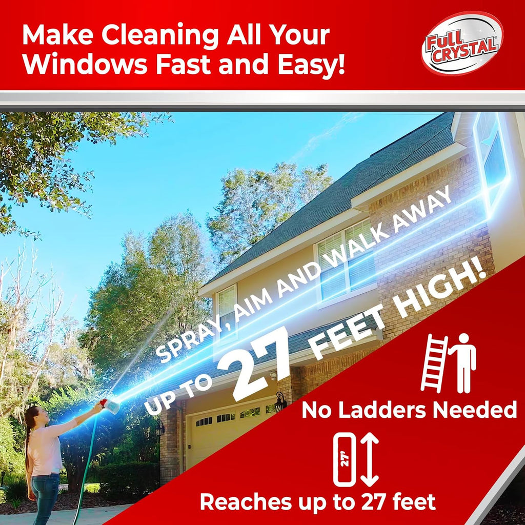 Full Crystal Window Cleaning Kit- 16 oz Glass Cleaner and Bottle with 27ft Reach will clean up to 80 Windows- Scrub Free, Rinse Free Glass Cleaner Spray Removes Dirt, Grime and Water Deposits