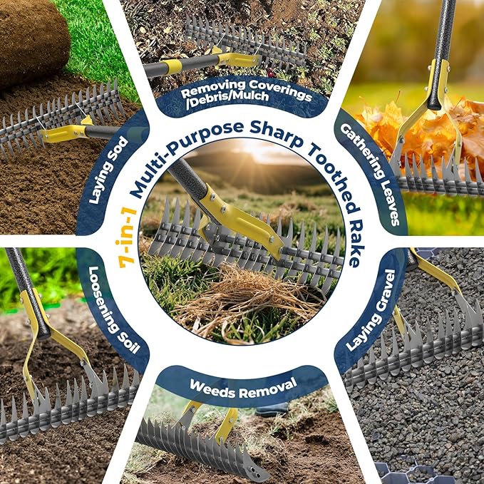 Rake, 70" Heavy Duty Metal Dethatcher Rake with 15" Wide Double-Edged Sharp Tines Thatch Rakes for Lawns,Mulch Dead Grass Removal, Loosening Soil,Lawn Care, Dethatching,Yard,Garden