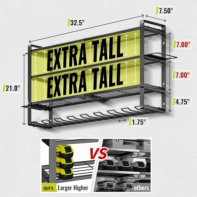 4 Layers Extra Tall Power Tool Organizer Wall Mount Loads 400lbs,Heavy Duty Metal Battery Tool Rack with 8 Cordless Drill Holders,Tool Storage Shelf For Workshop,Garage,Warehouse,Gifts for Men,Husband