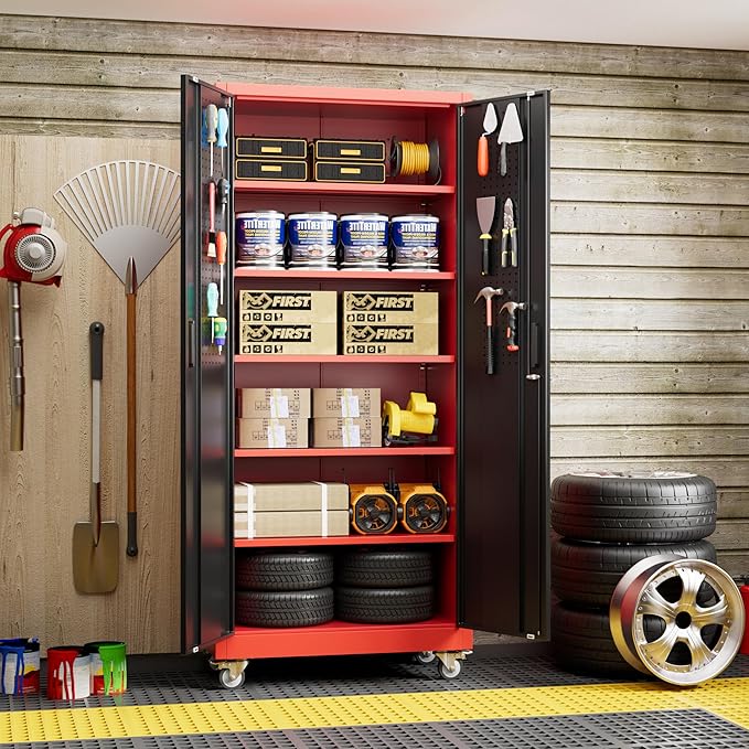 71" H×32" W×16" D Garage Storage Cabinet with Wheels, Locking Metal Storage Cabinet with 5 Adjustable Shelves, 4 Hooks and Pegboard for Garage, Home Office, Kitchen, Black and Red