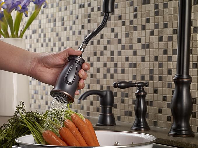 Pfister Hanover Kitchen Faucet with Pull Down Sprayer and Soap Dispenser, 2-Handle, 4-Hole, High Arc, Tuscan Bronze Finish, F5314HNY