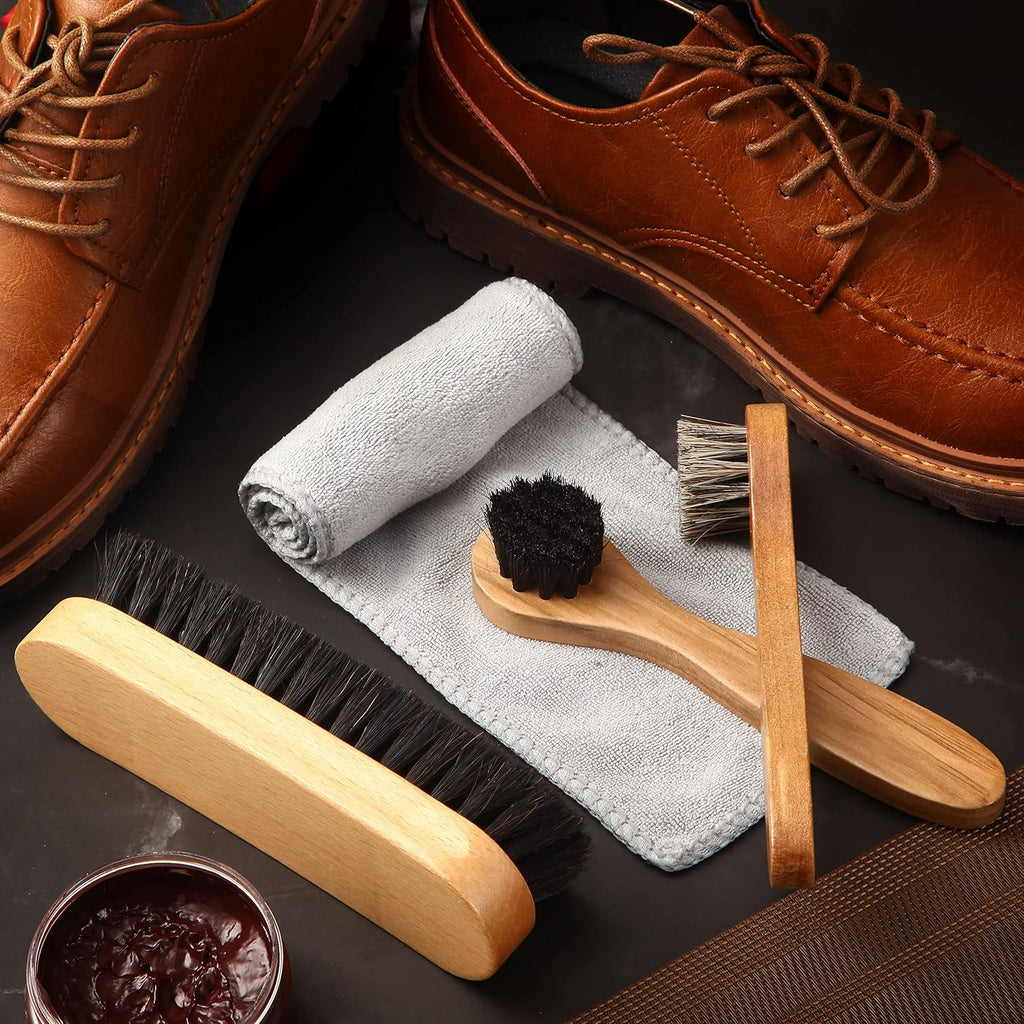 4 Pcs Horsehair Shine Shoes Brush Kit Polish Dauber Applicators Cleaning Leather Shoes Boots Care Brushes Suede Cleaner Brush with Microfiber Shoe Cloth(4 Pcs Style B)