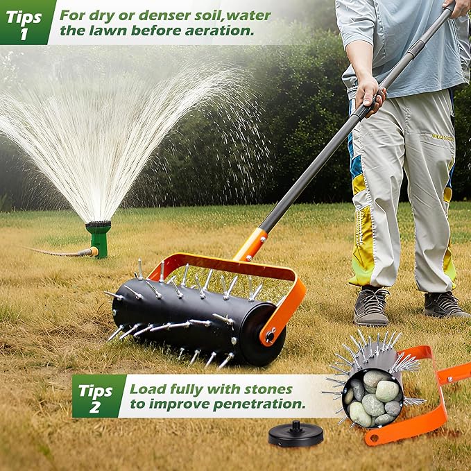 Walensee Rolling Lawn Aerator, Heavy Duty Manual Aerator Tool with 42 Spikes, Lawn Spike Aerator Roller with 71" Adjustable Handle, Soil Penetrator Push Lawn Aeration for Garden Yard Patio