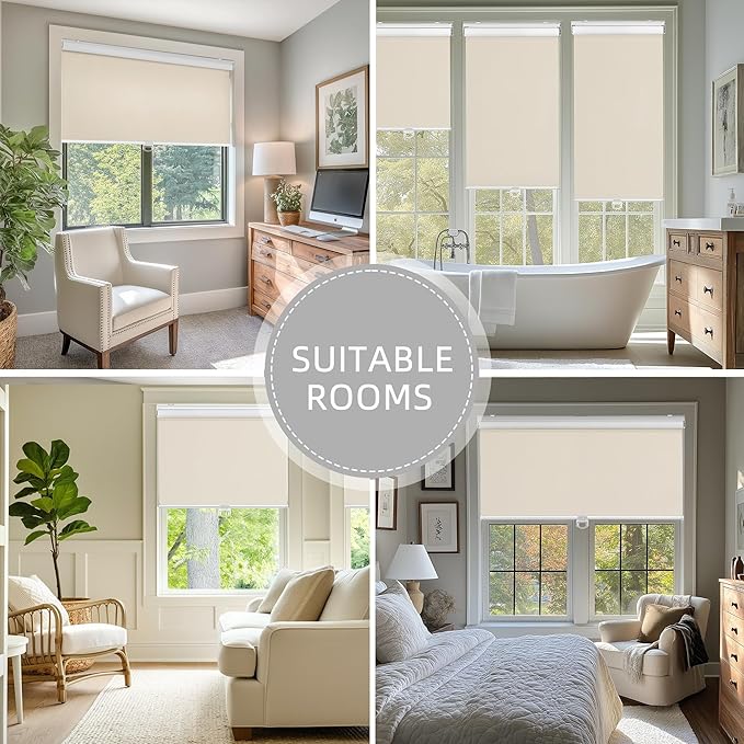 ChrisDowa Cordless Blackout Roller Shades for Windows, Thermal Insulated UV Protection Pull Down Shades, Total Blackout Window Blinds for Home, Office, Bedroom, Door (64" W x 72" H, Beige)