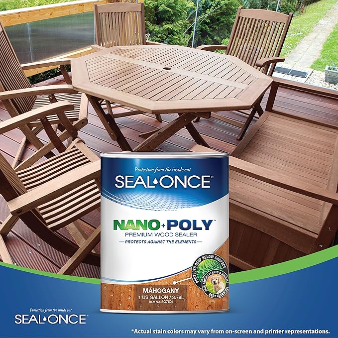 Seal-Once Nano+Poly Penetrating Wood Sealer with Polyurethane - Premium Waterproof Sealant -1 Gallon & Mahogany