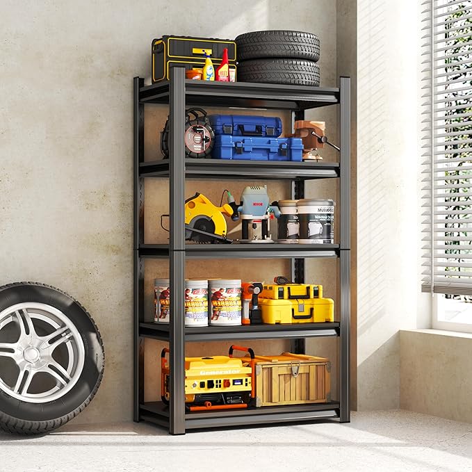 Garage Shelving Units, Heavy Duty 5-Tier Storage Shelves, Metal Adjustable Storage Rack, Steel Shelves, 2750 lbs Capacity, Industrial Shelving for Heavy Tools (Black, 15.74"Dx35.43"Wx71.18"H, 5-tier)