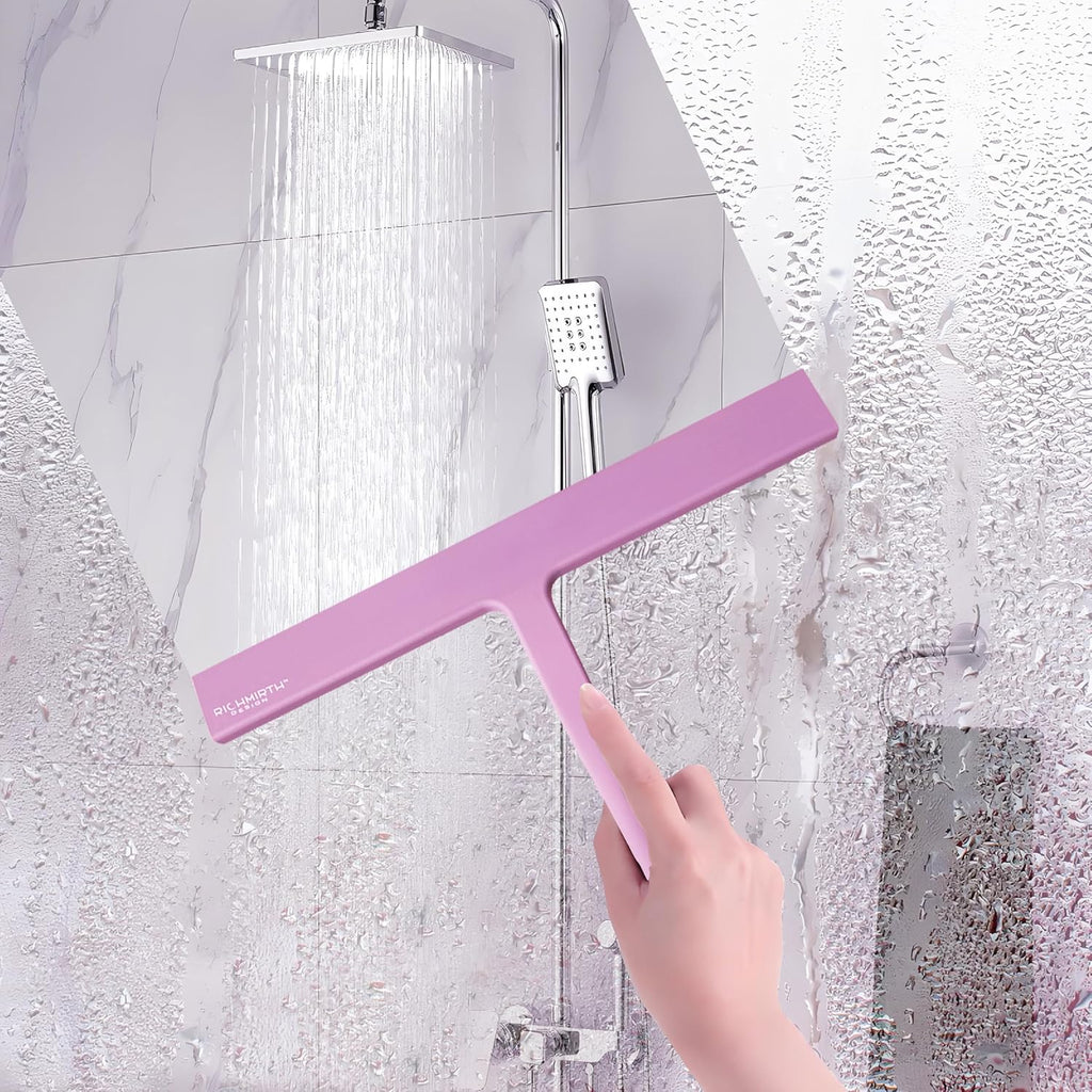 Shower Squeegee with Silicone Hook, 11" Inch Width All Purpose Squeegee Wiper for Shower Glass Doors Bathroom Mirror Tiles Car Window Cleaner Tool - Pink
