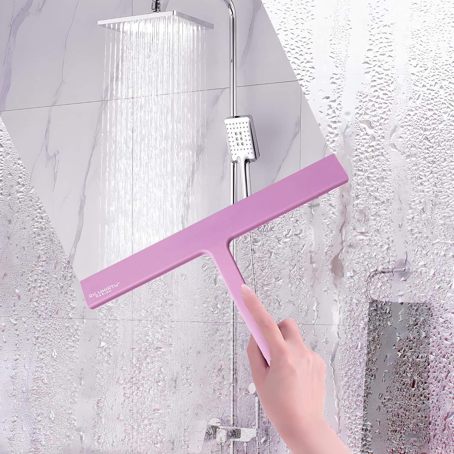 Shower Squeegee with Silicone Hook, 11" Inch Width All Purpose Squeegee Wiper for Shower Glass Doors Bathroom Mirror Tiles Car Window Cleaner Tool - Pink