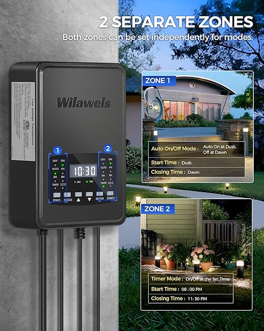 200W Low Voltage Landscape Transformer, 2 Zone Independent Control Landscape Lighting Transformer, 120VAC to 12/14V AC Low Voltage Transformer with Timer & Photocell Sensor ETL Listed D21LT06