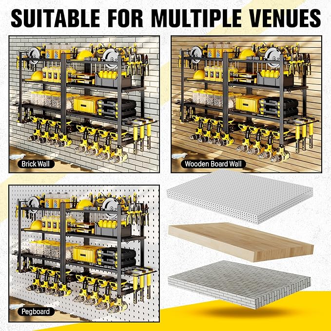 Power Tool Organizer Wall Mount - Storage Rack with 4 Drill Holders for Drills Cordless Tools. Heavy Duty Iron Garage Tool Organizer Storage for Workshop Shed (4 Slots 4 Layers 2 Pack)