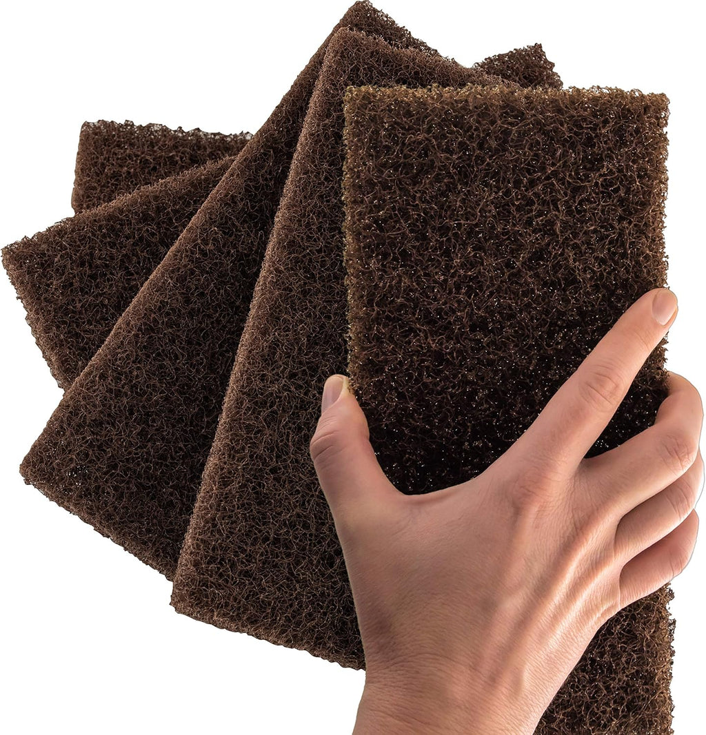 Heavy Duty XL Brown Scouring Pad 5 Pack. 10 x 4.5in Large Multipurpose Nylon Scrubbing Sponges. Clean Bathrooms, Kitchens, Counters and Floors to Erase Grime and Make Surfaces Sparkle