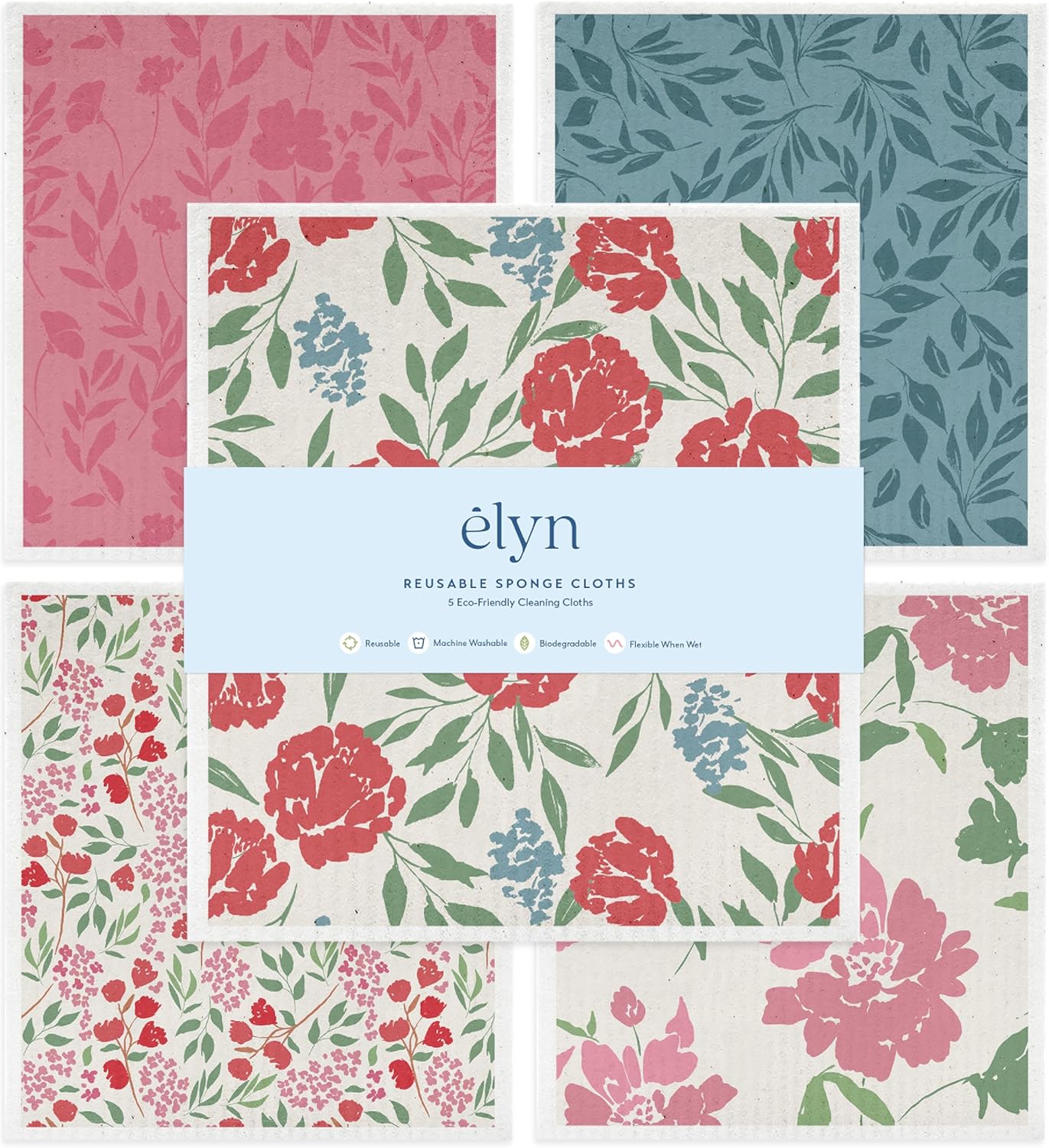 ELYN Swedish Dishcloths, Reusable & Washable Sponge Cloths, Absorbent Cleaning Paper Towels for Kitchen, Dishes, Counters and More, 5 Pack, Assorted Soft Botanical Patterns