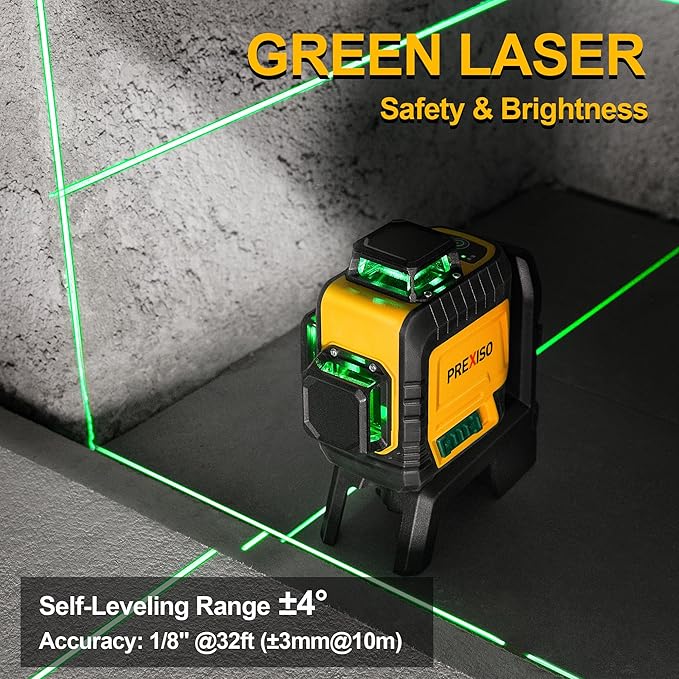 PREXISO 3 X 360° Laser Level with Tripod - Rechargeable 82Ft Cross Line Leveler, Green Line Laser Level Self Leveling for Construction, Tile, Home Renovation with Magnetic Base, Iron Plate, Bag