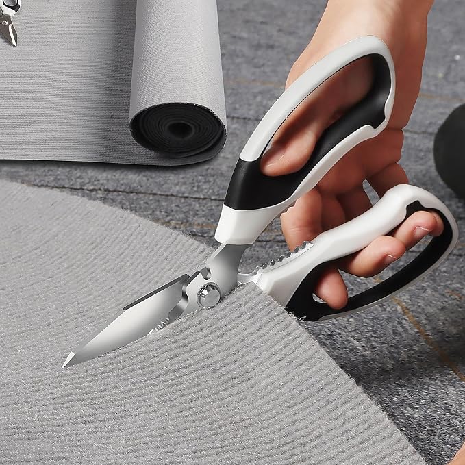 8-Inch Heavy Duty Utility Scissors All Purpose, Serrated Blade, White Comfort Grip for Cutting Carpet, Cardboard, Leather, Fabric, Multipurpose Sharp Shears for Kitchen, Garden, Office, Carft