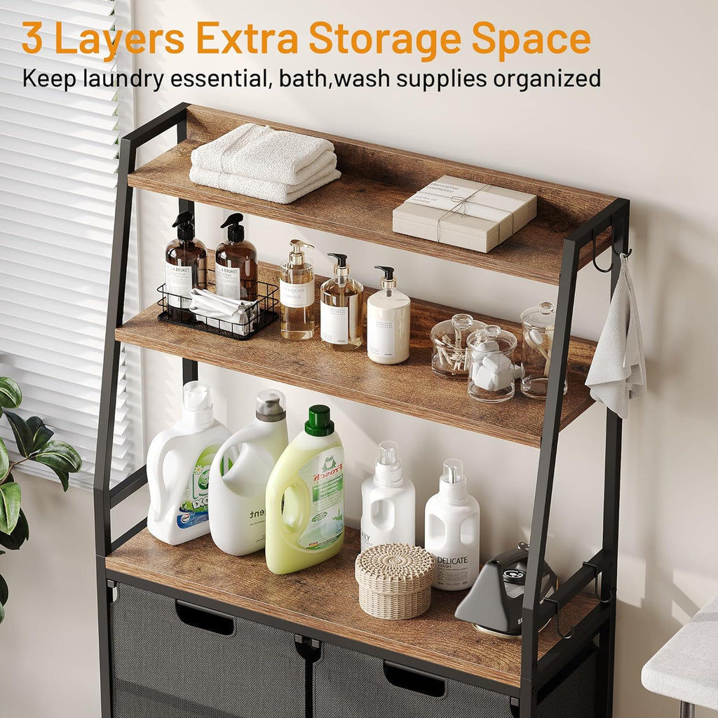 Lulive Double Laundry Hamper with Shelf, Laundry Basket with 3 Tier Storage Shelves & 4 Removable Hooks, Tall Laundry Sorter Clothes Hamper with Pull-Out Bags for Bathroom, Laundry Room
