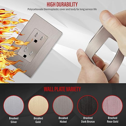 ENERLITES Elite Series Decorator Receptacle Outlet Child Safe Tamper-Resistant, Self-Grounding, Residential Grade, 15A 125V, UL Listed, Brushed Wall Plate Included, 61501-TR-NKWBP, Nickel