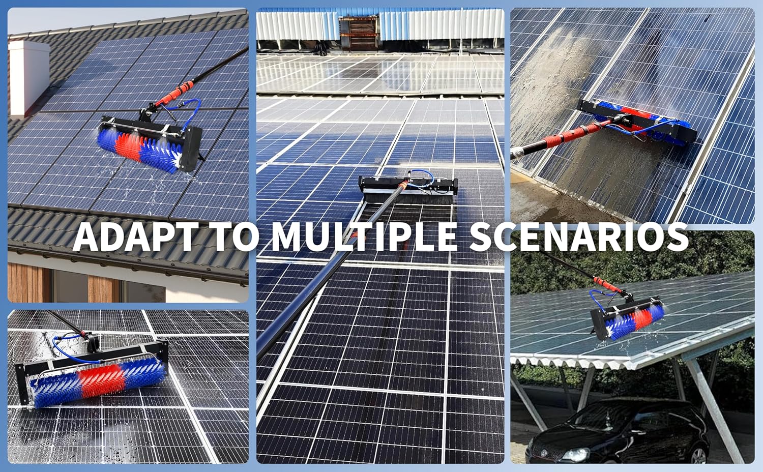 Solar Panel Cleaning Brush, 11FT Water Fed Pole Kit,400rpm Brush Head,Adjustable Carbon Fiber Pole, AC/DC/Dual Power Supply,with Power Converter