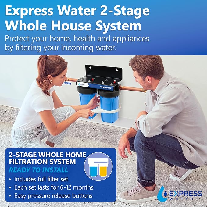 Express Water - Whole House Water Filter System - 2-Stage Water Filtration System - Sediment & Carbon Filters - Reduce Harmful Contaminants - Clean Drinking Water - Includes Easy Release, and 1” Inch