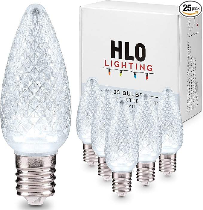 HLO Lighting Set of 25 Cool White C9 Faceted LED Christmas Light Bulbs for Indoor & Outdoor Use | Durable Replacement Bulbs