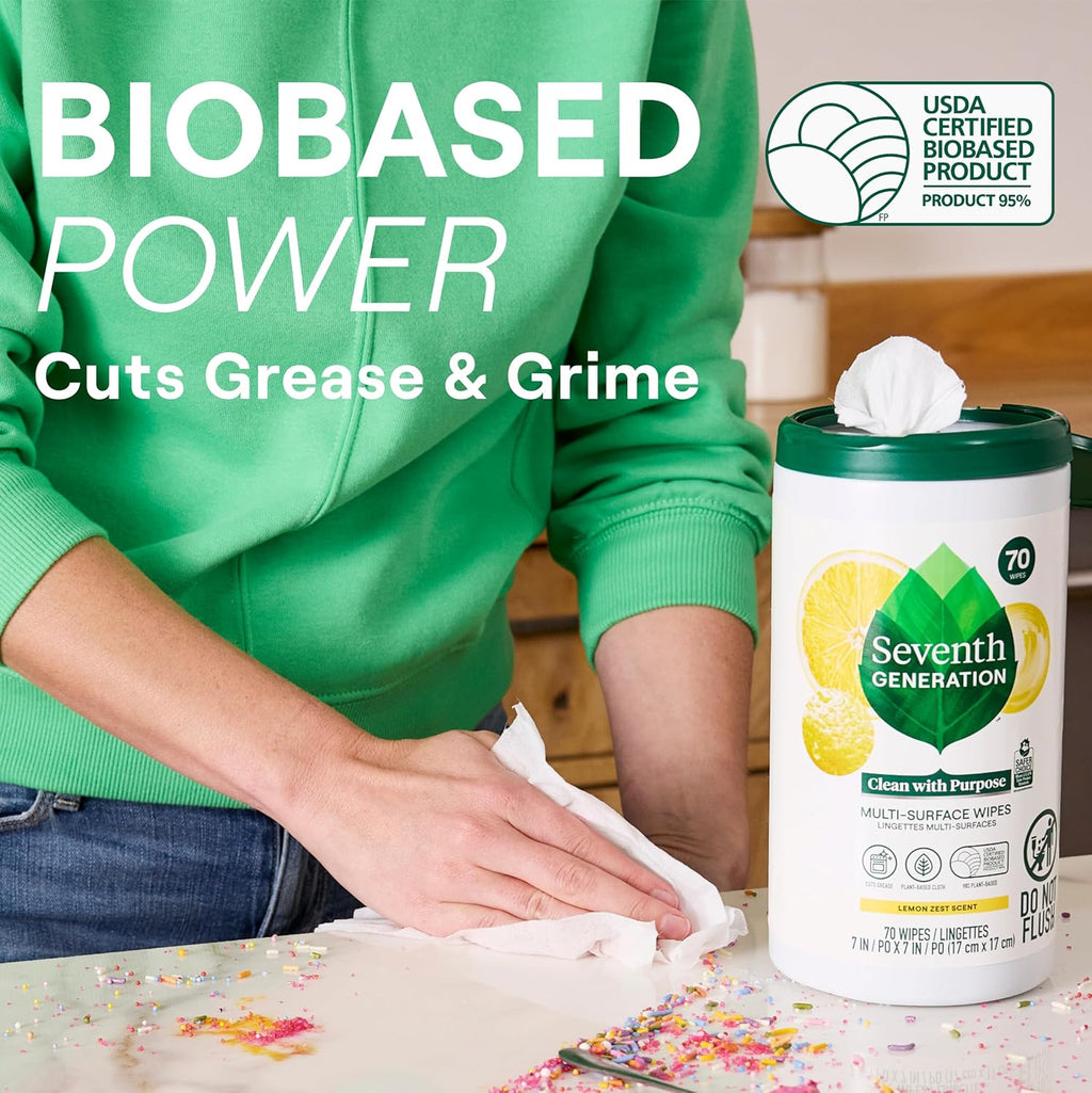 Seventh Generation Multi Surface Wipes All Purpose Cleaning Lemon Zest scent with 100% Essential Oils and Botanical Ingredients 70 count, Pack of 6