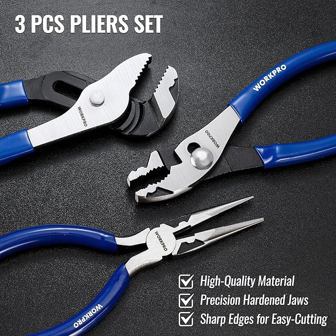 WORKPRO 3-Piece Pliers Tool Set with Soft Handle, 6 Inch Needle Nose, Slip Joint, 8 Inch Groove Joint Plier for DIY & Home Use