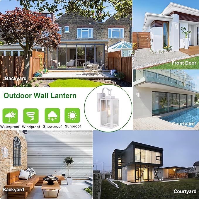 LIT-PaTH Outdoor Wall Lantern, Wall Sconce as Porch Lighting Fixture, E26 Medium Base Max 60W, Anti-Rust Metal with Glass Shade, White, 2-Pack